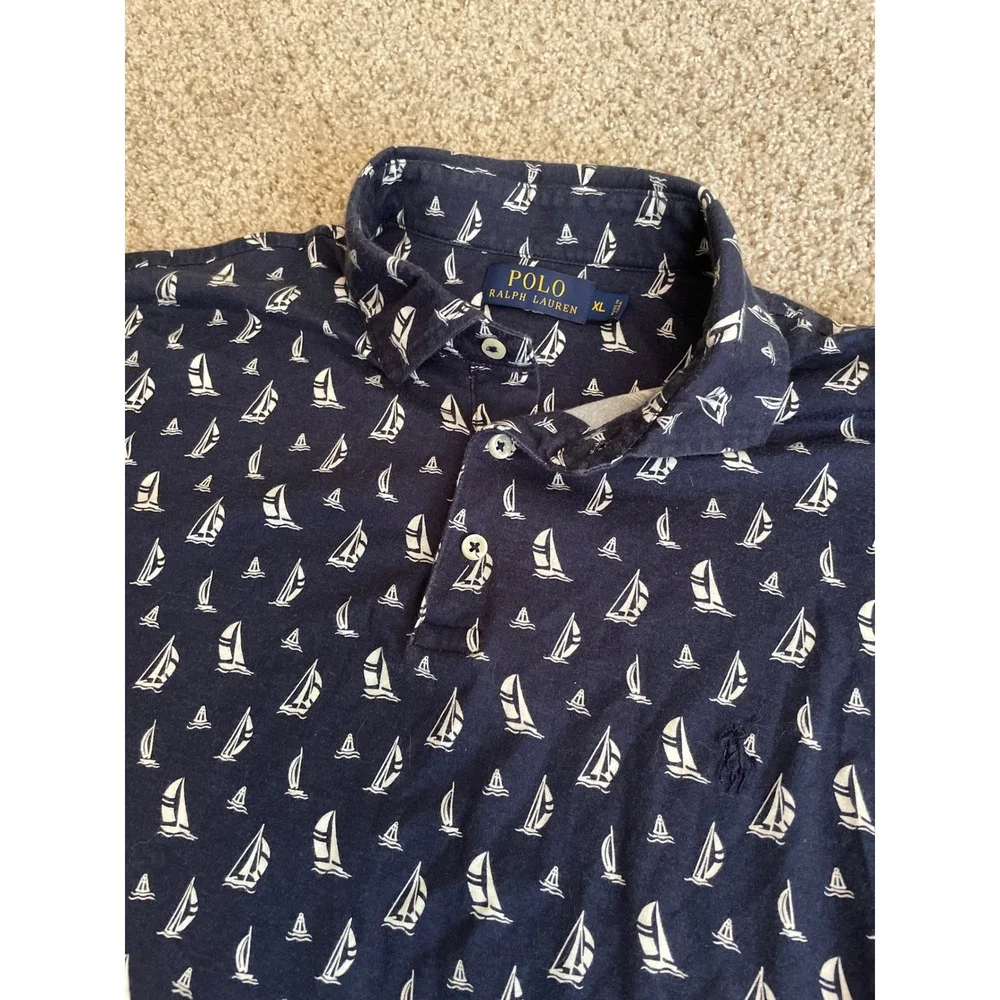 Polo Ralph Lauren Men's Polo Shirt XL Navy Blue Sailboat AOP Print Short Sleeve
